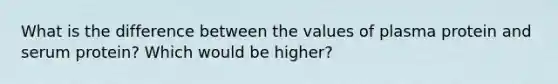 What is the difference between the values of plasma protein and serum protein? Which would be higher?