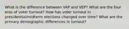 What is the difference between VAP and VEP? What are the four eras of voter turnout? How has voter turnout in presidential/midterm elections changed over time? What are the primary demographic differences in turnout?