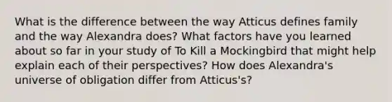 What is the difference between the way Atticus defines family and the way Alexandra does? What factors have you learned about so far in your study of To Kill a Mockingbird that might help explain each of their perspectives? How does Alexandra's universe of obligation differ from Atticus's?