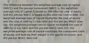 The difference between the weighted-average cost of capital (WACC) and the pre-tax (unlevered) WACC is: the weighted-average cost of capital is based on the after-tax cost of equity and the pre-tax WACC is based on the after-tax cost of debt. the weighted-average cost of capital multiplies the cost of equity and the cost of debt by (1-tax rate) and the pre-tax WACC does not. the weighted-average cost of capital multiplies the cost of debt by (1-tax rate) and the pre-tax WACC does not. the weighted-average cost of capital multiplies the component costs of equity and debt by their weight in the capital structure, and the pre-tax WACC does not.