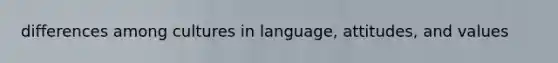 differences among cultures in language, attitudes, and values