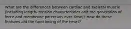 What are the differences between cardiac and skeletal muscle (including length- tension characteristics and the generation of force and membrane potentials over time)? How do these features aid the functioning of the heart?