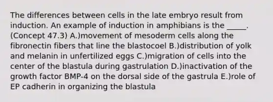 The differences between cells in the late embryo result from induction. An example of induction in amphibians is the _____. (Concept 47.3) A.)movement of mesoderm cells along the fibronectin fibers that line the blastocoel B.)distribution of yolk and melanin in unfertilized eggs C.)migration of cells into the center of the blastula during gastrulation D.)inactivation of the growth factor BMP-4 on the dorsal side of the gastrula E.)role of EP cadherin in organizing the blastula