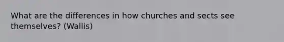 What are the differences in how churches and sects see themselves? (Wallis)