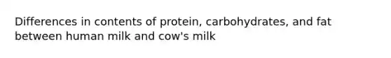 Differences in contents of protein, carbohydrates, and fat between human milk and cow's milk