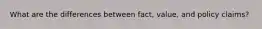 What are the differences between fact, value, and policy claims?