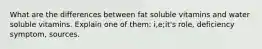 What are the differences between fat soluble vitamins and water soluble vitamins. Explain one of them: i,e;it's role, deficiency symptom, sources.