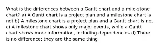 What is the differences between a Gantt chart and a mile-stone chart? a) A Gantt chart is a project plan and a milestone chart is not b) A milestone chart is a project plan and a Gantt chart is not c) A milestone chart shows only major events, while a Gantt chart shows more information, including dependencies d) There is no difference; they are the same thing