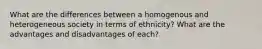 What are the differences between a homogenous and heterogeneous society in terms of ethnicity? What are the advantages and disadvantages of each?