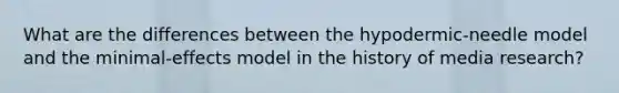 What are the differences between the hypodermic-needle model and the minimal-effects model in the history of media research?