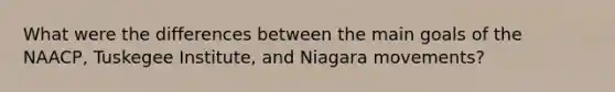 What were the differences between the main goals of the NAACP, Tuskegee Institute, and Niagara movements?