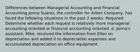 Differences between Managerial Accounting and Financial Accounting Jenna Suarez, the controller for Arben Company, has faced the following situations in the past 2 weeks: Required: Determine whether each request is relatively more managerial accounting oriented or financial accounting oriented. d. Jenna's assistant, Mike, received the information from Ellen on depreciation and added it to depreciation expenses and accumulated depreciation on office equipment.