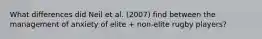 What differences did Neil et al. (2007) find between the management of anxiety of elite + non-elite rugby players?