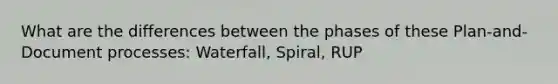 What are the differences between the phases of these Plan-and-Document processes: Waterfall, Spiral, RUP