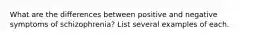 What are the differences between positive and negative symptoms of schizophrenia? List several examples of each.