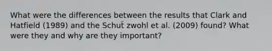 What were the differences between the results that Clark and Hatfield (1989) and the Schuẗ zwohl et al. (2009) found? What were they and why are they important?