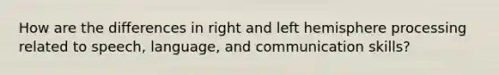 How are the differences in right and left hemisphere processing related to speech, language, and communication skills?