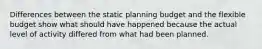 Differences between the static planning budget and the flexible budget show what should have happened because the actual level of activity differed from what had been planned.