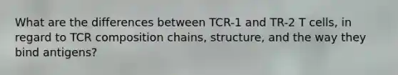 What are the differences between TCR-1 and TR-2 T cells, in regard to TCR composition chains, structure, and the way they bind antigens?