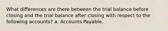 What differences are there between the trial balance before closing and the trial balance after closing with respect to the following accounts? a. Accounts Payable.