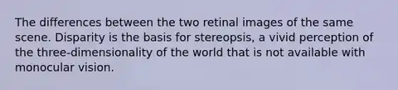 The differences between the two retinal images of the same scene. Disparity is the basis for stereopsis, a vivid perception of the three-dimensionality of the world that is not available with monocular vision.