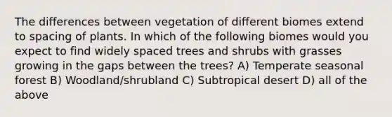 The differences between vegetation of different biomes extend to spacing of plants. In which of the following biomes would you expect to find widely spaced trees and shrubs with grasses growing in the gaps between the trees? A) Temperate seasonal forest B) Woodland/shrubland C) Subtropical desert D) all of the above