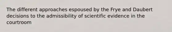 The different approaches espoused by the Frye and Daubert decisions to the admissibility of scientific evidence in the courtroom