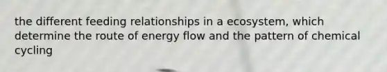 the different feeding relationships in a ecosystem, which determine the route of <a href='https://www.questionai.com/knowledge/kwLSHuYdqg-energy-flow' class='anchor-knowledge'>energy flow</a> and the pattern of chemical cycling