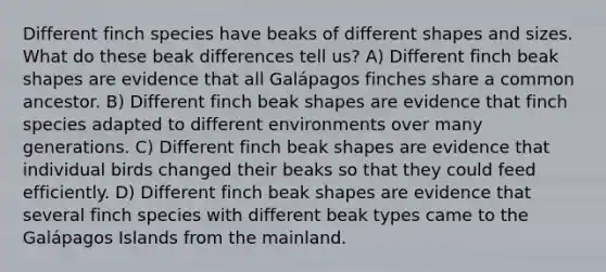 Different finch species have beaks of different shapes and sizes. What do these beak differences tell us? A) Different finch beak shapes are evidence that all Galápagos finches share a common ancestor. B) Different finch beak shapes are evidence that finch species adapted to different environments over many generations. C) Different finch beak shapes are evidence that individual birds changed their beaks so that they could feed efficiently. D) Different finch beak shapes are evidence that several finch species with different beak types came to the Galápagos Islands from the mainland.