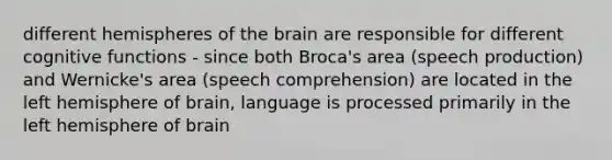 different hemispheres of the brain are responsible for different cognitive functions - since both Broca's area (speech production) and Wernicke's area (speech comprehension) are located in the left hemisphere of brain, language is processed primarily in the left hemisphere of brain