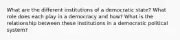 What are the different institutions of a democratic state? What role does each play in a democracy and how? What is the relationship between these institutions in a democratic political system?