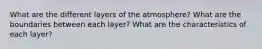 What are the different layers of the atmosphere? What are the boundaries between each layer? What are the characteristics of each layer?