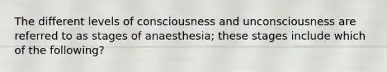 The different levels of consciousness and unconsciousness are referred to as stages of anaesthesia; these stages include which of the following?