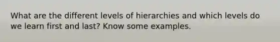 What are the different levels of hierarchies and which levels do we learn first and last? Know some examples.