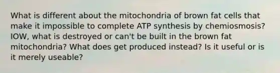 What is different about the mitochondria of brown fat cells that make it impossible to complete ATP synthesis by chemiosmosis? IOW, what is destroyed or can't be built in the brown fat mitochondria? What does get produced instead? Is it useful or is it merely useable?