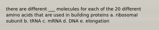 there are different ___ molecules for each of the 20 different amino acids that are used in building proteins a. ribosomal subunit b. tRNA c. mRNA d. DNA e. elongation