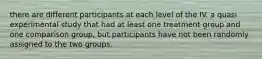 there are different participants at each level of the IV. a quasi experimental study that had at least one treatment group and one comparison group, but participants have not been randomly assigned to the two groups.