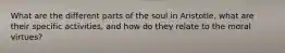 What are the different parts of the soul in Aristotle, what are their specific activities, and how do they relate to the moral virtues?