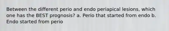 Between the different perio and endo periapical lesions, which one has the BEST prognosis? a. Perio that started from endo b. Endo started from perio