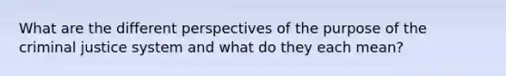 What are the different perspectives of the purpose of the criminal justice system and what do they each mean?