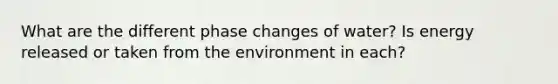 What are the different phase changes of water? Is energy released or taken from the environment in each?