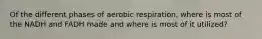 Of the different phases of aerobic respiration, where is most of the NADH and FADH made and where is most of it utilized?