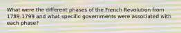 What were the different phases of the French Revolution from 1789-1799 and what specific governments were associated with each phase?