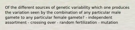 Of the different sources of genetic variability which one produces the variation seen by the combination of any particular male gamete to any particular female gamete? - independent assortment - crossing over - random fertilization - mutation