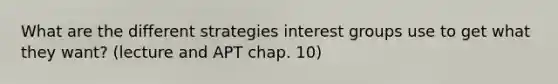 What are the different strategies interest groups use to get what they want? (lecture and APT chap. 10)