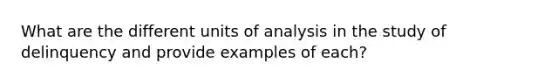 What are the different units of analysis in the study of delinquency and provide examples of each?