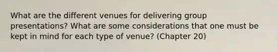 What are the different venues for delivering group presentations? What are some considerations that one must be kept in mind for each type of venue? (Chapter 20)