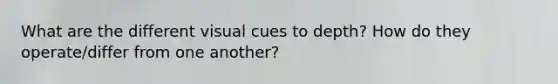 What are the different visual cues to depth? How do they operate/differ from one another?