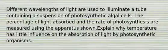 Different wavelengths of light are used to illuminate a tube containing a suspension of photosynthetic algal cells. The percentage of light absorbed and the rate of photosynthesis are measured using the apparatus shown.Explain why temperature has little influence on the absorption of light by photosynthetic organisms.