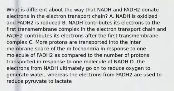 What is different about the way that NADH and FADH2 donate electrons in <a href='https://www.questionai.com/knowledge/k57oGBr0HP-the-electron-transport-chain' class='anchor-knowledge'>the electron transport chain</a>? A. NADH is oxidized and FADH2 is reduced B. NADH contributes its electrons to the first transmembrane complex in the electron transport chain and FADH2 contributes its electrons after the first transmembrane complex C. More protons are transported into the inter membrane space of the mitochondria in response to one molecule of FADH2 as compared to the number of protons transported in response to one molecule of NADH D. the electrons from NADH ultimately go on to reduce oxygen to generate water, whereas the electrons from FADH2 are used to reduce pyruvate to lactate